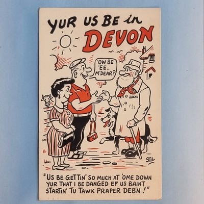 Comic Postkarte 1968 Devon Dialekt lokaler Bauer Border Collie Kamera Tourist Stil