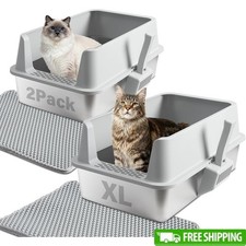 XL Dual Stainless Steel Covered Cat Litter Boxes W/ Anti-Tracking Mats Set New