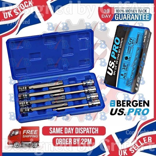 USPRO 8PC LONG TORX SOCKET BIT SET 3/8" DRIVE T25 T27 T30 T40 T45 T50 T55 T60 - Picture 1 of 4