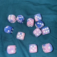 Dice D6 Set Of 12 Swirled Dice 16mm Blue And Pink With White Pips