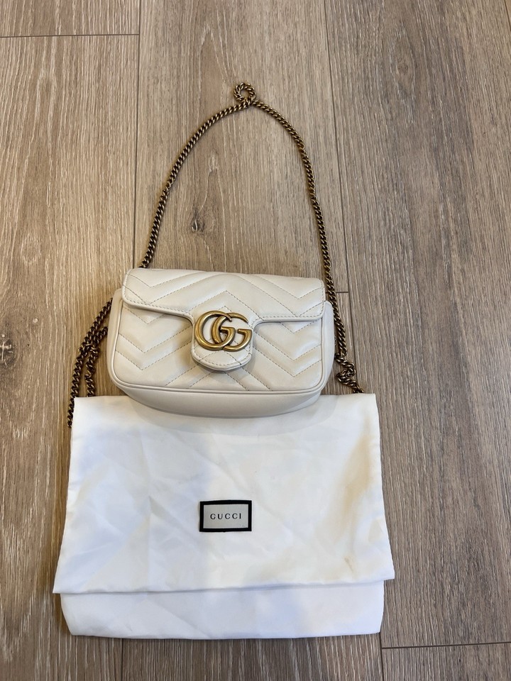Authentic Pre-owned Gucci Super Mini GG Marmont White Gold-Tone Chain Bag