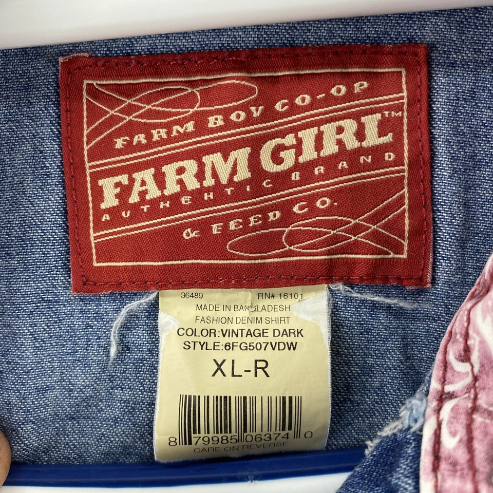 Camisa de mezclilla a presión forrada floral lavado oscuro Farm Girl XL manga larga algodón Top Foto 2 de 4