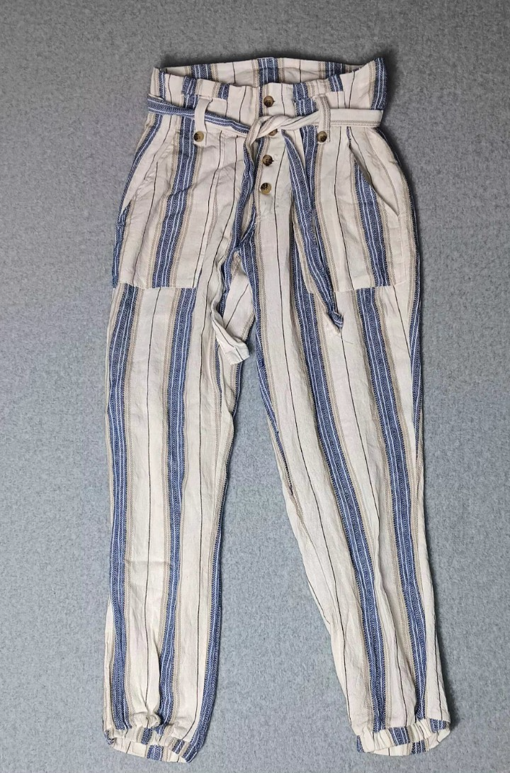 Indigo Rein Linen Blend Pants Womens Size Small White and Blue Stripes Belt Tie