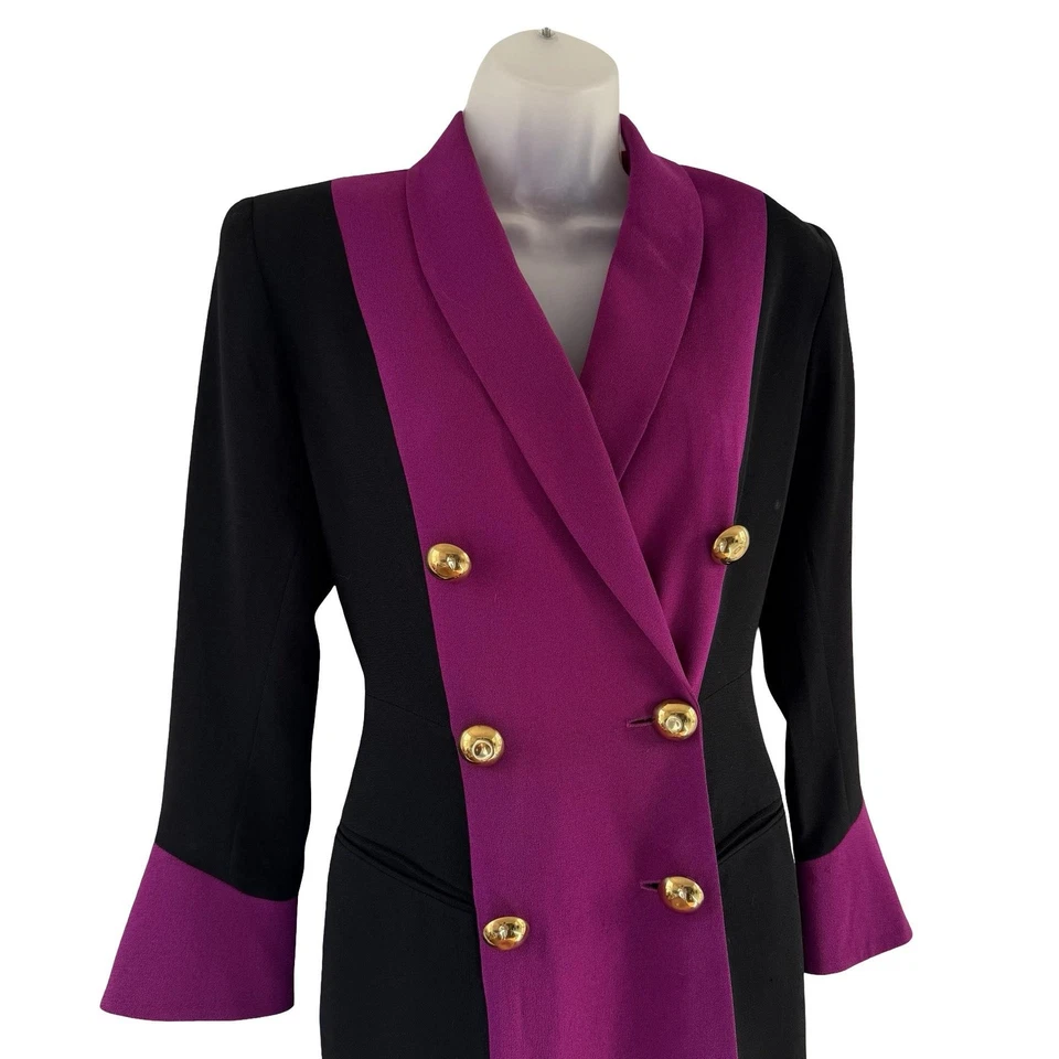 Vintage Tahari Petite Dress Womens 2 Black Purple Colorblock Double Breasted 90s - Image 3 of 4