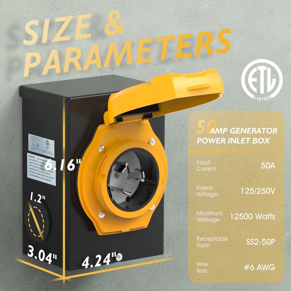 50Amp 3-Prong SS2-50P Generator Power Inlet Box Lockable with Light ...