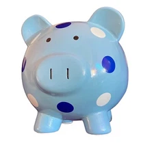 Baby Blue Piggy Bank With Blue and White Polka Dots Ceramic For Ages 8+