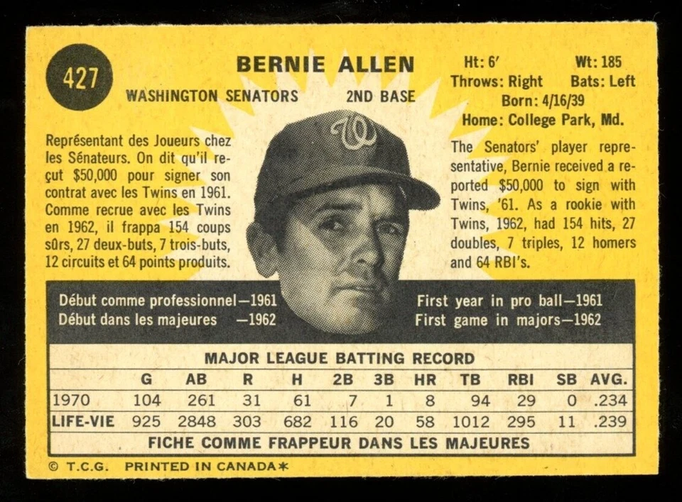 1971 TOPPS OPC O PEE CHEE MLB BASEBALL #427 Bernie Allen NM Washington Senators - Image 2 of 2