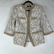 FIELD MANOR Blazer Jacket M  3/4 Sleeve Taupe White Eyelet Embroidered Floral