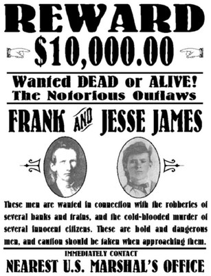 JESSE AND FRANK JAMES WANTED POSTER  EXACT REPRODUCTION ON 22 # PARCHMENT PAPER