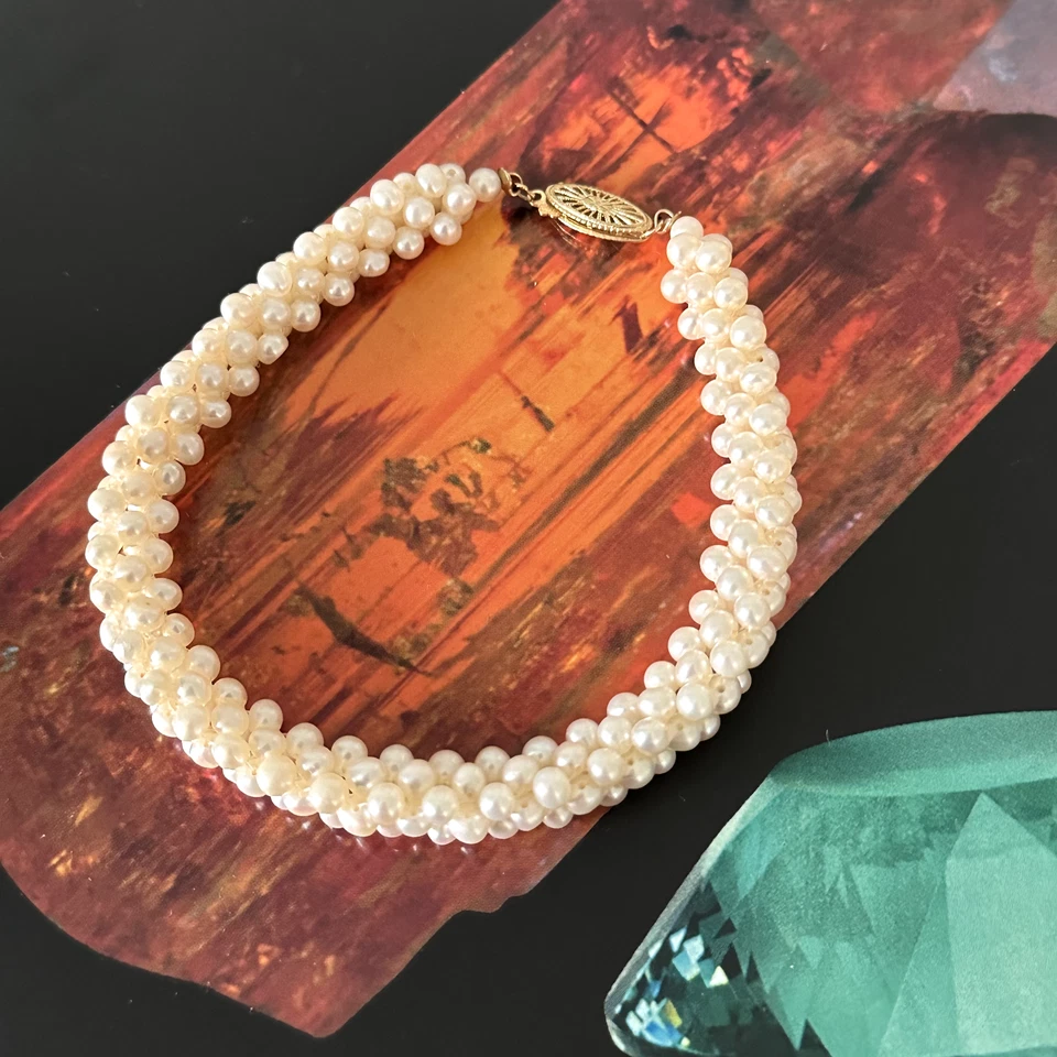 Brazalete vintage de oro amarillo de 14 quilates de perlas reales genuinas con racimo de varias filas 7,75" Foto 4 de 4