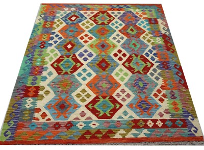 ECHTER echter afghanischer handgeknüpfter Tribal mehrfarbiger Woll-Kelim-Teppich 154 x 194 cm