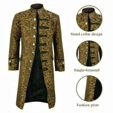 Renaissance Mens Gold Brocade Goth Steampunk Victorian Velvet Frock Coat