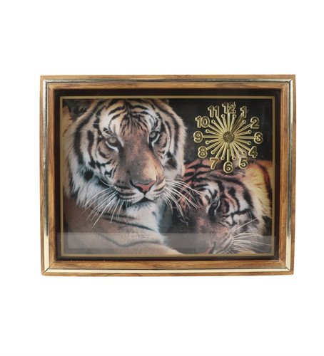Vintage 90s Wood Glass Box Tiger Print Hanging Wall Clock