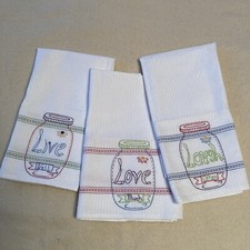 3 Vintage New Lg Hand Embroidered Dish Towels 28x22 W/ Hanging Loop 100 Cotton