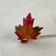 Vintage Maple Leaf Tie Tack 1970s Canadian Painted Leather Necktie Pin w Chain