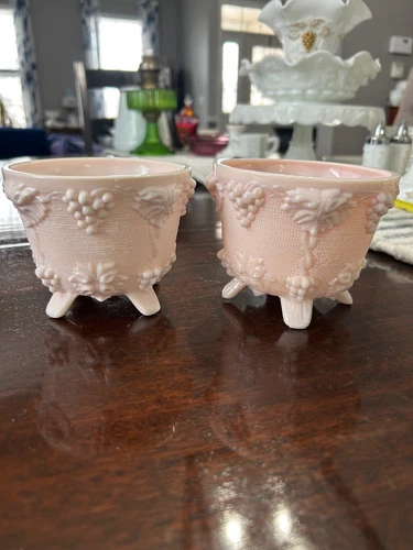 Vintage Jeanette Shell Pink Milk Glass Footed Candy Dish Set of 2 Grapes & Leaf