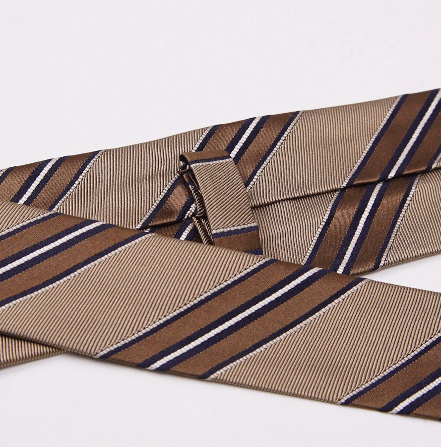 Sartoria Partenopea Unlined  7-Fold Gold-Brown Woven Ribbon Stripe Silk Tie - Image 3 of 4