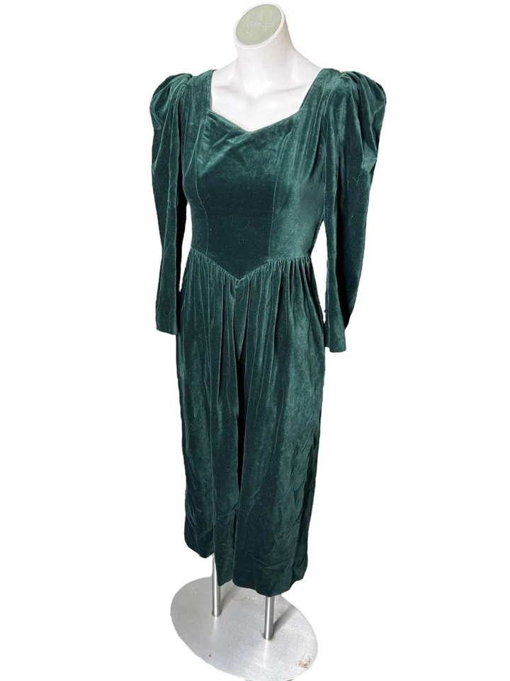 VTG 90s Laura Ashley Velvet Dress Women 10 Midi Bow Puff Sleeve Boho Green - Image 2 of 4