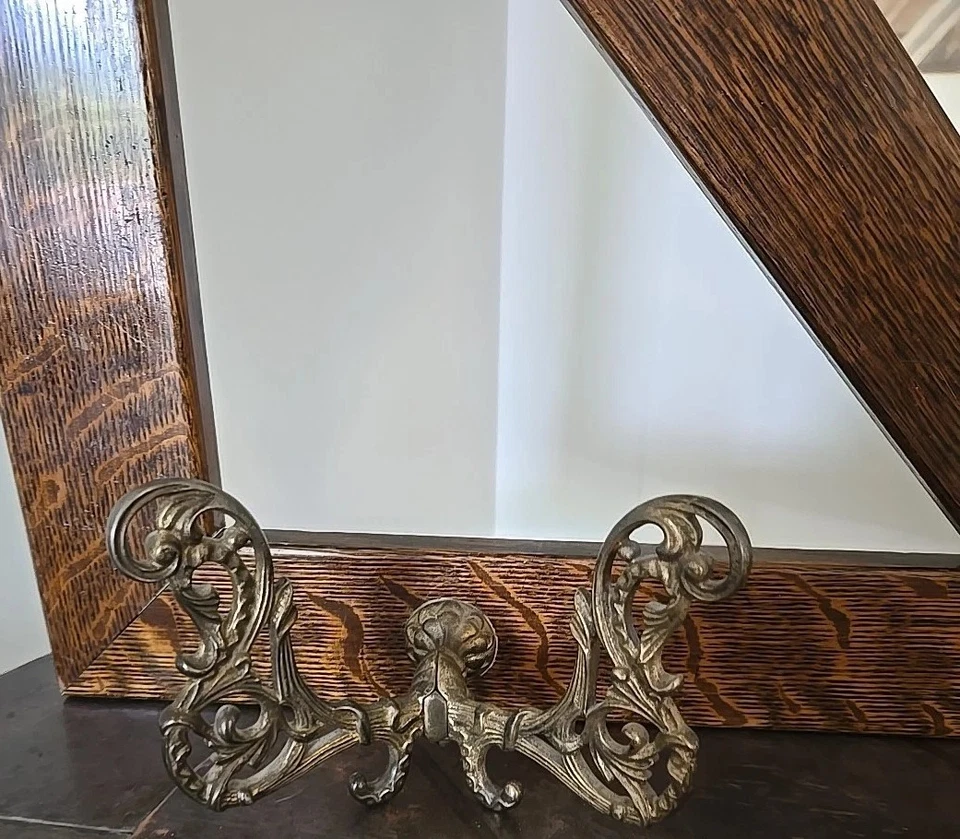 Antique Quartersawn Oak Arts & Crafts Mirror Coat Rack 4 Brass Butterfly Hangers - Image 4 of 4
