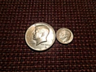 Lot of 2 Mixed 90% Silver 1964 D Mint Kennedy Half Dollar & Roosevelt Dime