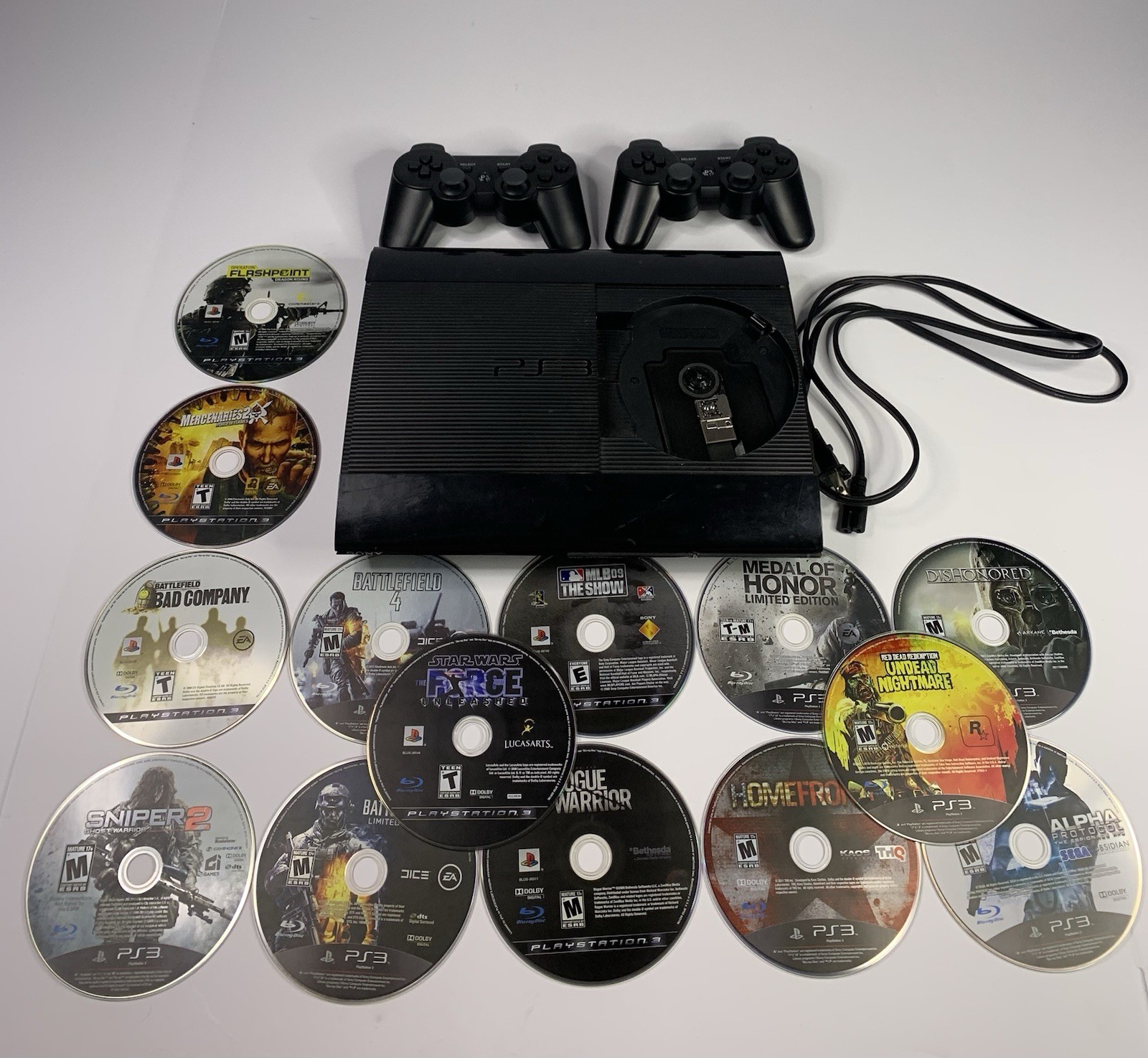 Sony PlayStation 3 Super Slim CECH-4201A 2 Controllers 14 Games Tested And Works