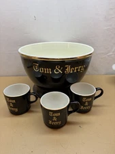 Vintage Hall Pottery Tom And Jerry Punch Bowl Set 3 Cups Black And Gold