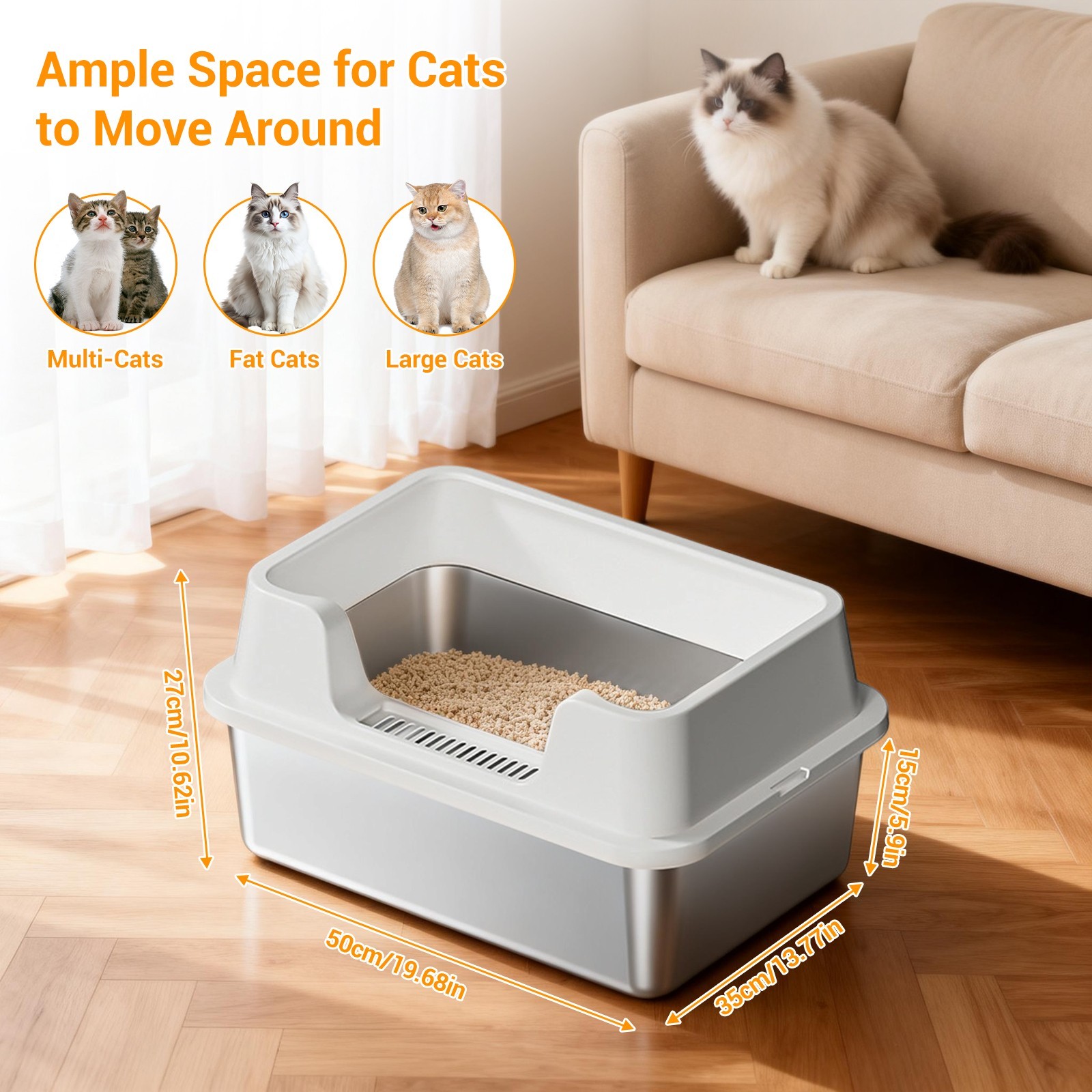 Semi-Enclosed Stainless Steel Cat Litter Box, High Sided Litter Tray Anti-Leak