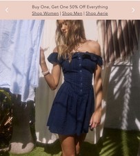 Aerie Midnight Blue Off-Shoulder Cotton Romper NWT Summer Casual Woman Large