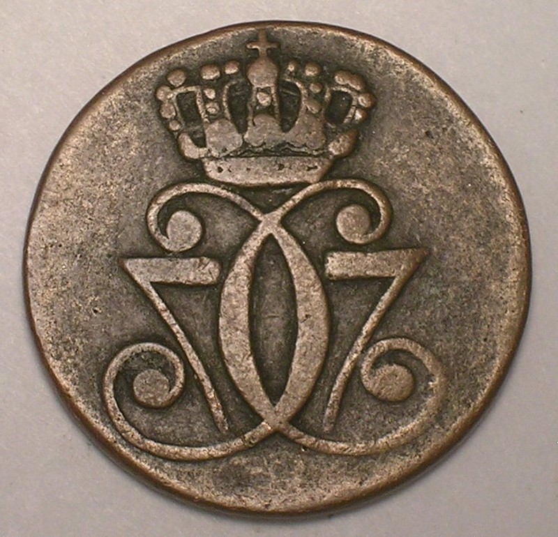 1771 Denmark Danish One 1 Skilling Crowned Monogram Coin F