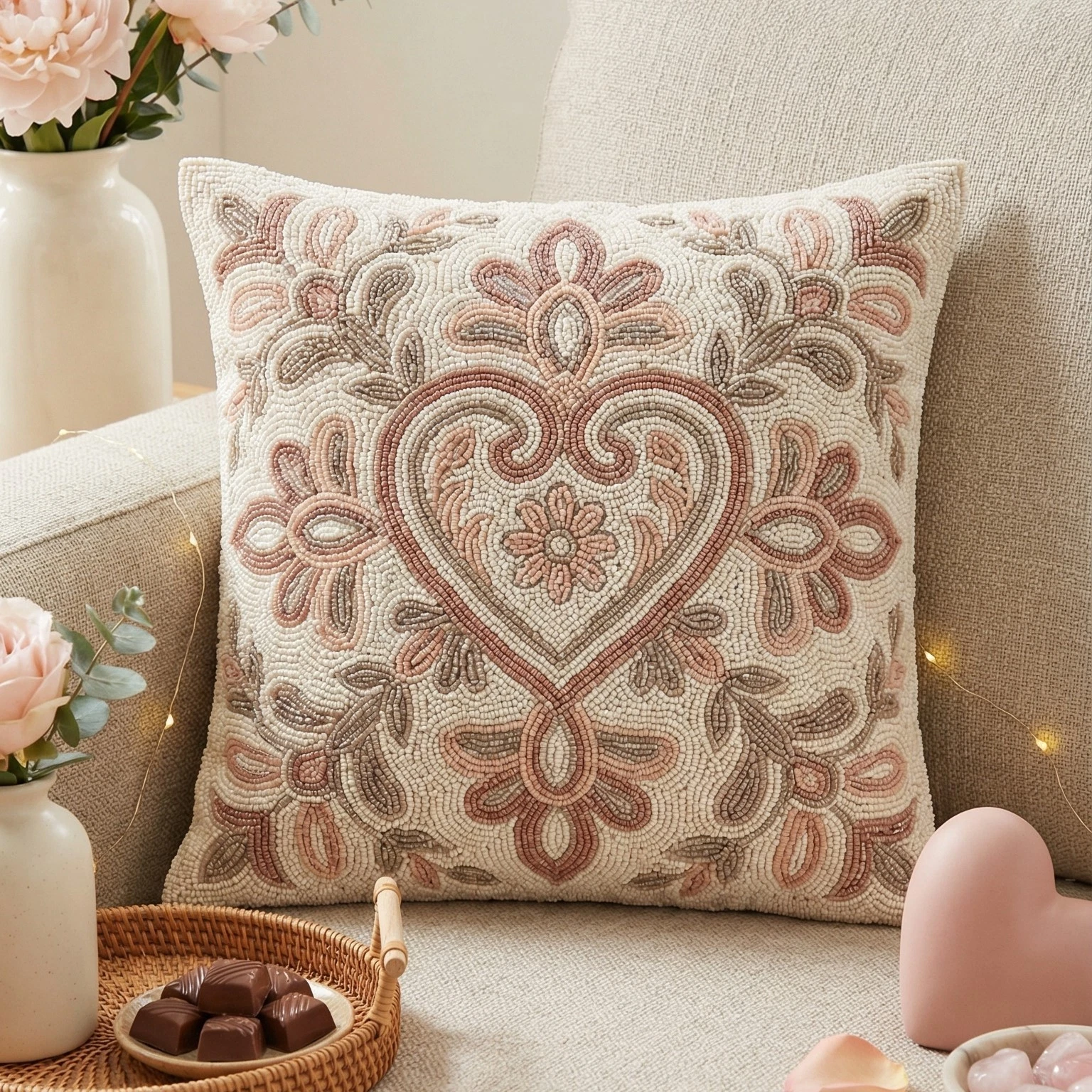 Beaded Heart Decorative Throw Pillow Cover | Romantic Floral Accent Cushion
Opens in a new window or