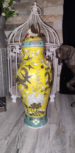 19th Chinese yellow ground enamel famille rose gilt Dragon Small vase Urn Style - Picture 13 of 24