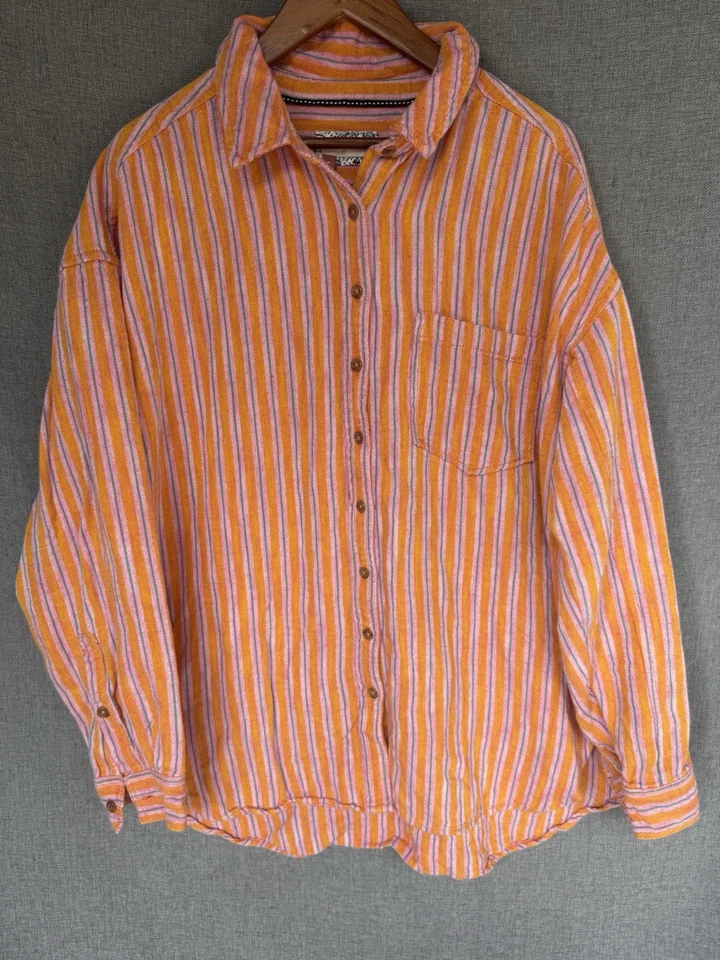 Camisa Anthropologie Pilcro média Oxford túnica listrada laranja botão manga longa - Imagem 3 de 4
