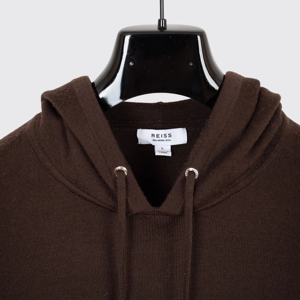 REISS Holland Hooded Sweater Size L Men Solid Brown Merino Wool Hoodie - Image 2 of 4