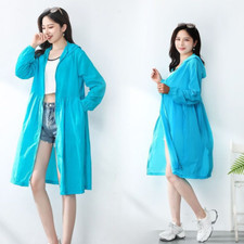 Lady Hooded Midi Jacket Zip Windbreaker Dust Coat Summer Beach Sun Shirt Fashion