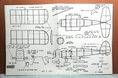 AVRO 1937 ARROW SPORT V-8 BALSA FREE FLIGHT MODEL AIRPLANE PLANS 13'' WINGSPAN