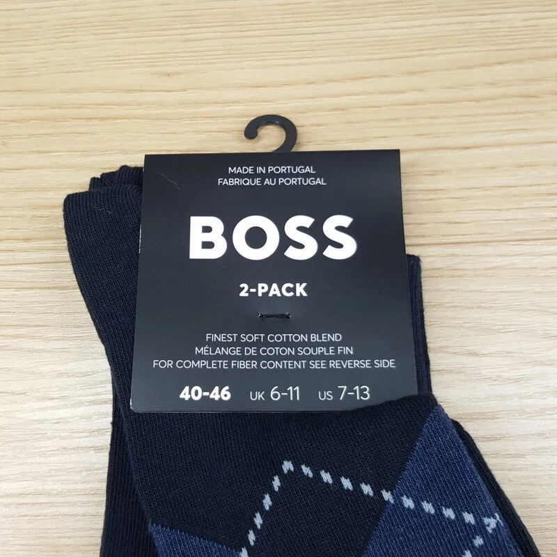 HUGO BOSS Crew Dress Socks Mens 7-13 Navy Argyle Solid 2-Pack Logo Cotton Blend - Image 2 of 4