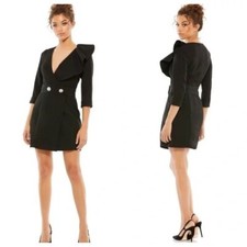 Mac Duggal 55692 Sheath Black Mini Dress Ruffles Plunging V Neck Size 4 NWT
