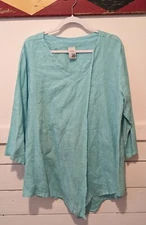Match Point 100% Linen Artsy Top Womens Large Lt Turquoise Flowy Beachy #4885