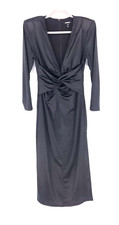Plunge Neck Black Side Slit MP Maxi Stretch Dress Goth Morticia Addams Glam Gown