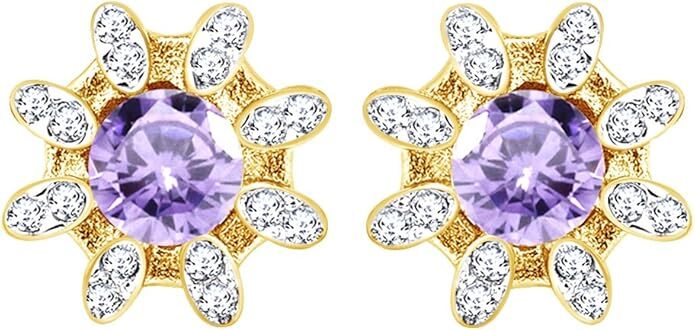 Simulated Birthstone Flower Stud Earrings in 14K Yellow Gold Plated Silver-image