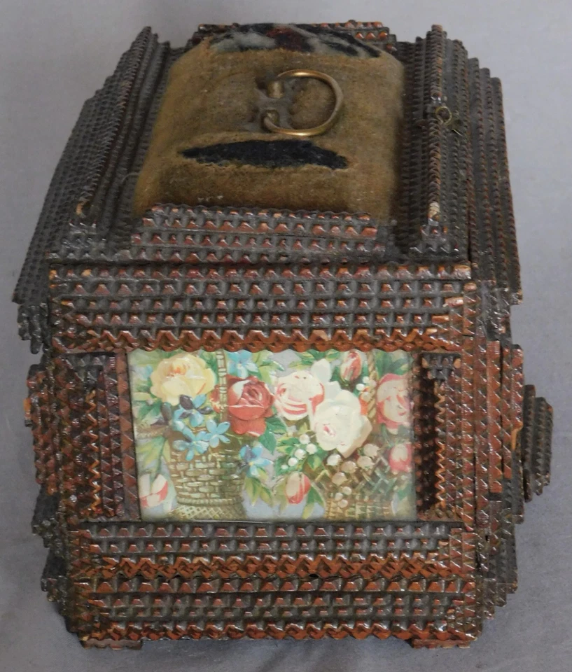 Antique Tramp art decorated box chip carved 19th c. decoupage folk brass velvet - Image 2 of 4