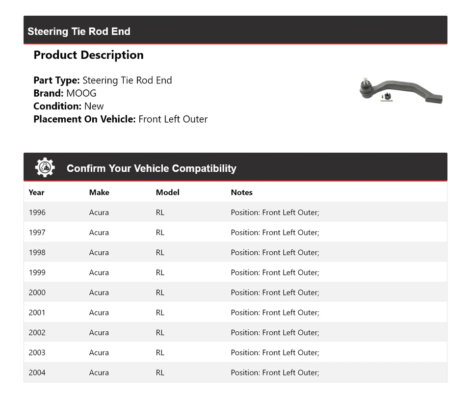 Для 1996-2004 Acura RL руль анкерный конец передний левый внешний MOOG 1996 1997 1998 - Изображение 2 из 4