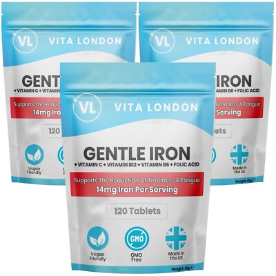 Sanfte Eisen & Vitamin C, B12, B6, Folsäure Energie Tabletten (keine Kapseln) Vegan
