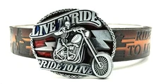 LIVE TO RIDE CHOPPER BIKER EMBOSSED COWHIDE LEATHER BELT & BUCKLE COMBO USA MADE