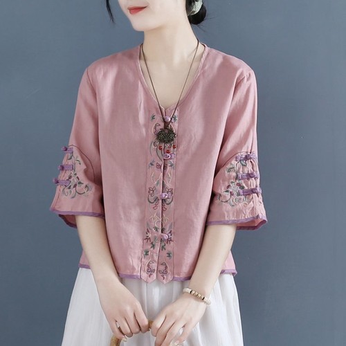 Women's Shirt Linen Chinese Style Round Neck Cardigan Blouse Embroidery retro - Picture 1 of 22