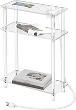 HMYHUM Acrylic Narrow Side Table with Charging Station, 7" 3 Tier, Clear 