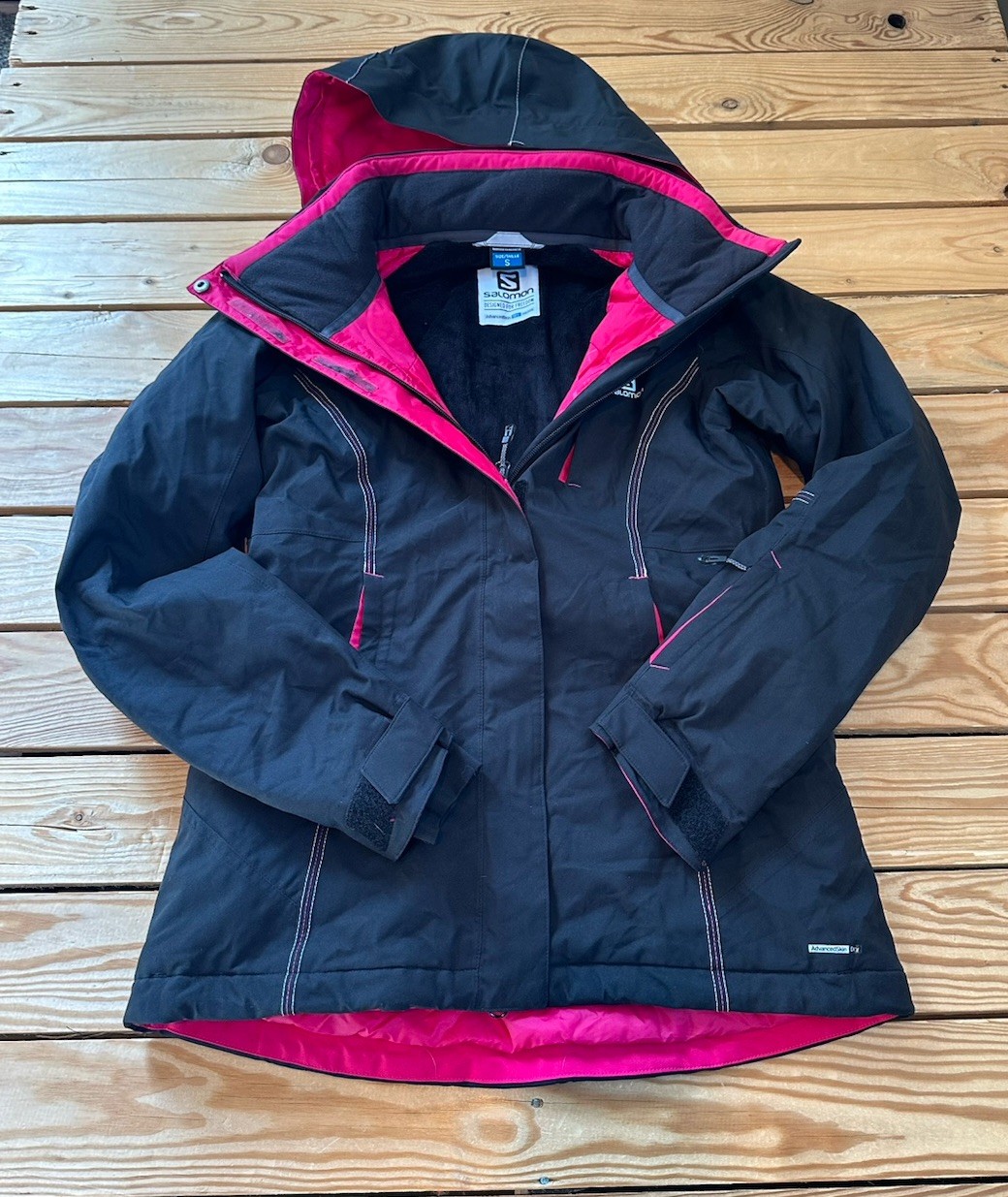 Salomon giacca sci impermeabile full zip donna cappotto con cappuccio taglia S nero C5