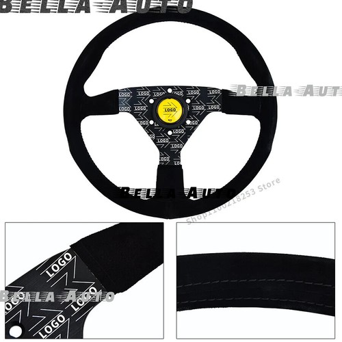 Universal 14inch Black Suede Leather 350mm Steering Wheel Volante Drift Sport - Foto 11 di 13