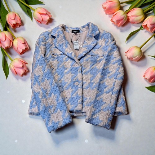 🦋🔥Express Blue/Cream Houndstooth Acrylic Women's Small Long Sleeve Blazer. NWT