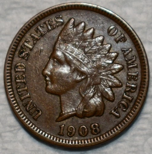 About Uncirculated 1908-S Indian Head Cent, Lustrous, Chocolate-Brown, Key-Date!
